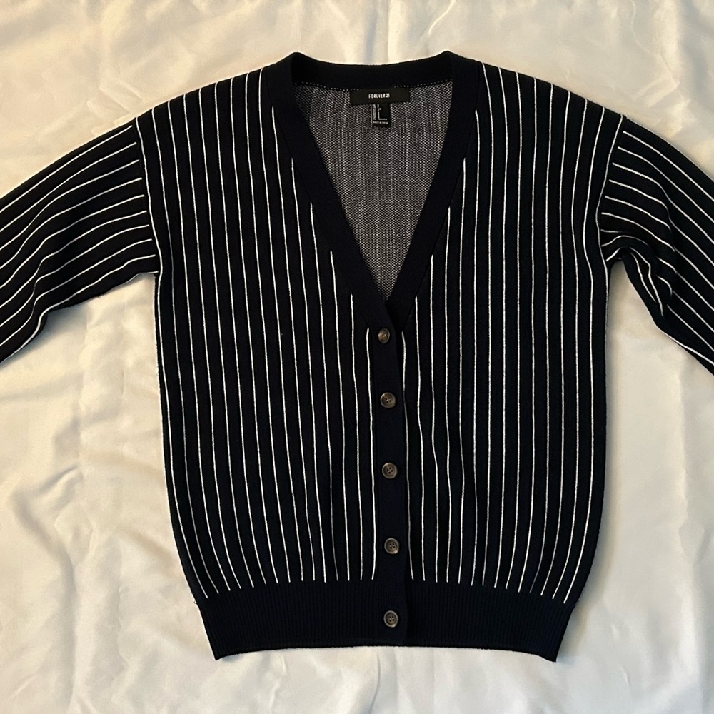 Forever 21 Navy and White Striped Cardigan